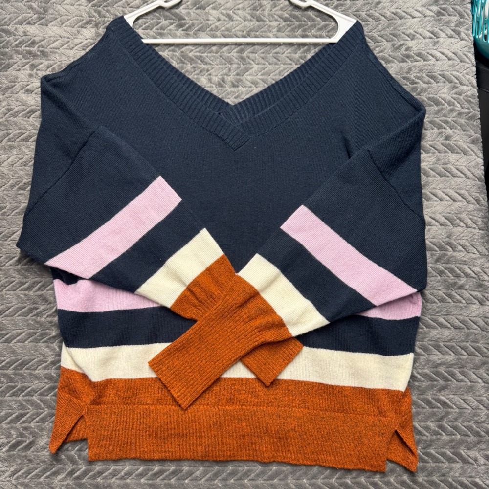 Prana Striped V-Neck Sweater Large Navy Pink Orange Relaxed 1961901 (1933)‎